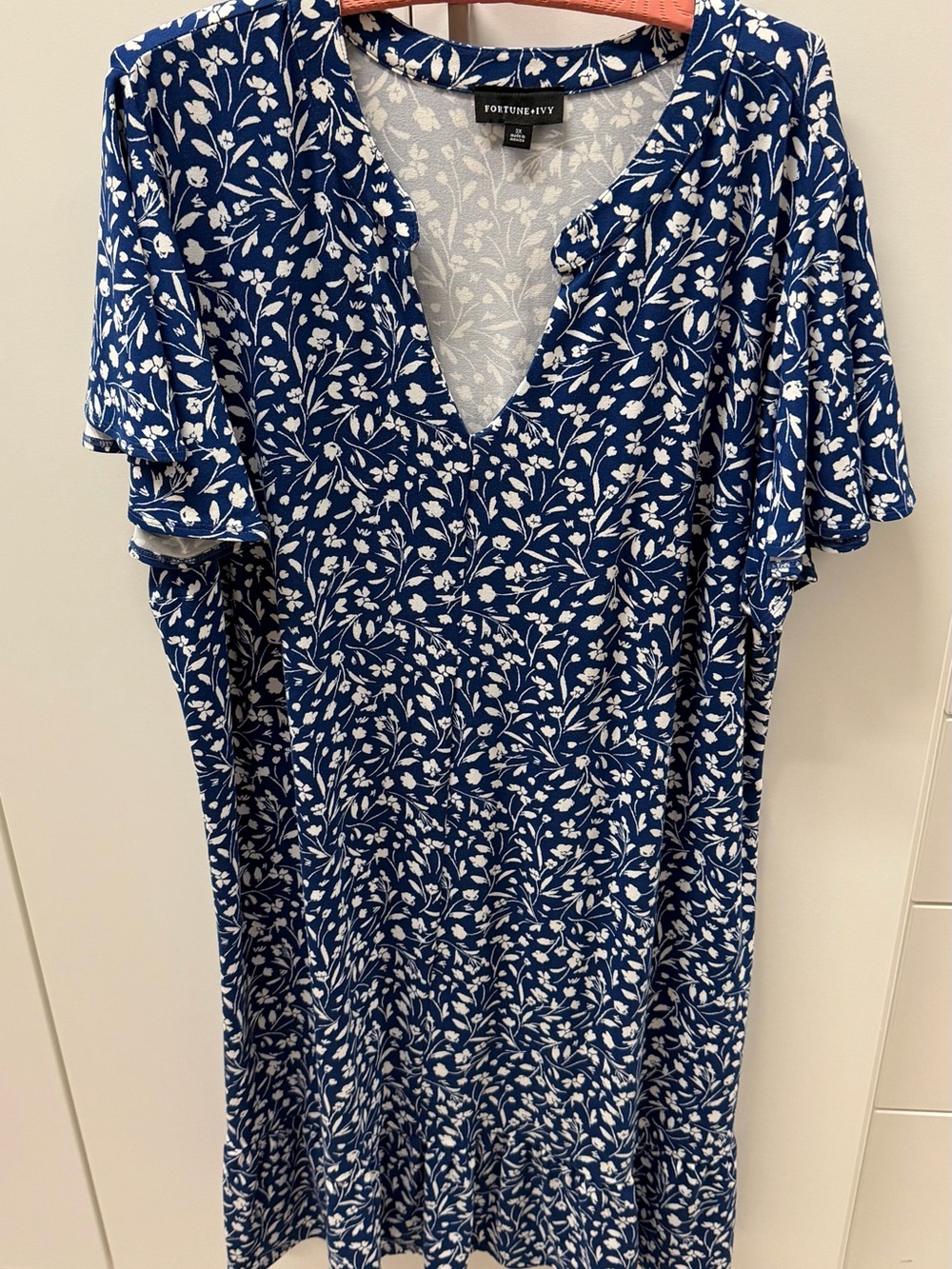 Fortune + Ivy Blue and White Floral V-Neck Midi A-line Dress, 3X